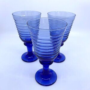 3 Vintage Libbey Ribbed Water Glasses Sirrus Cobalt Blue 7 3/8" Tall Goblet Wine